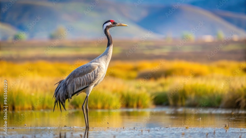 Fototapeta premium Common Crane, Grus grus, standing gracefully in the natural habitat of National Park Agamon of Hula Valley in Israel