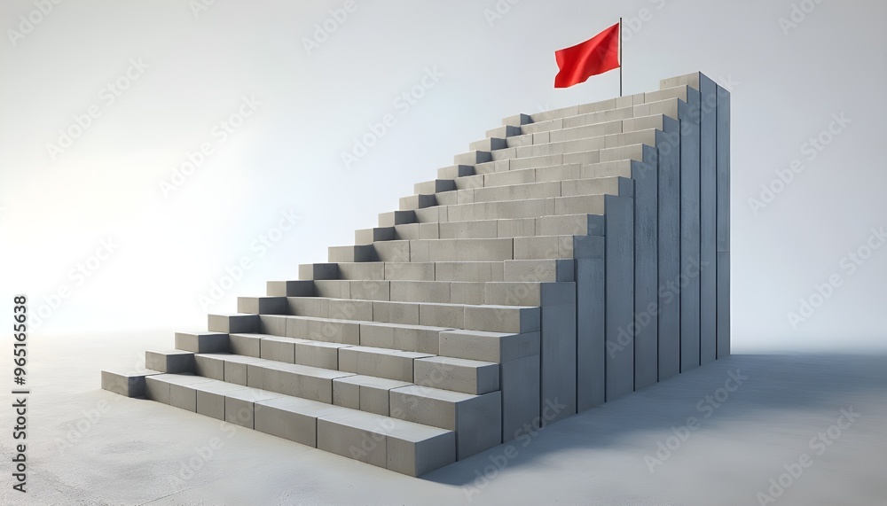 Concrete stair steps arranged progressively higher, ending with a red flag on the highest step. Isolated on a white background, concept of success. 3D Rendering Concrete stair steps arranged progressively higher, ending with a red flag on the highest step. Isolated on a white background, concept of success. 3D Rendering