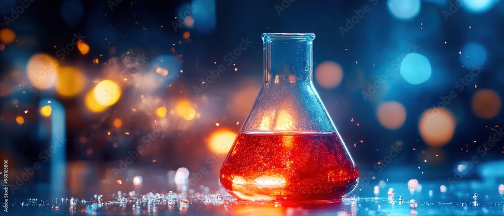 A vibrant glass flask filled with red liquid, surrounded by colorful bokeh lights, representing science and experimentation. A vibrant glass flask filled with red liquid, surrounded by colorful bokeh lights, representing science and experimentation.