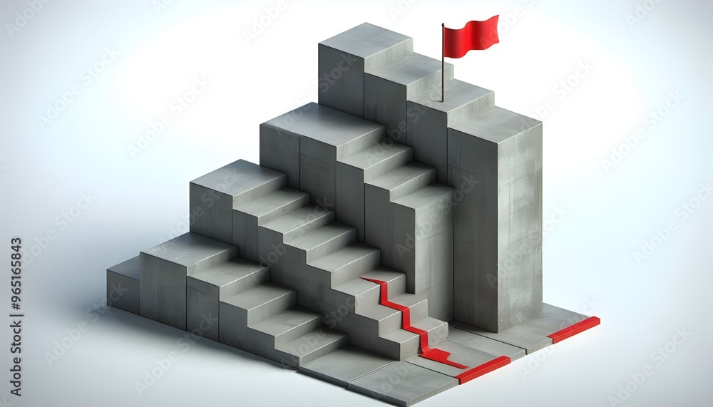 Concrete stair steps arranged progressively higher, ending with a red flag on the highest step. Isolated on a white background, concept of success. 3D Rendering Concrete stair steps arranged progressively higher, ending with a red flag on the highest step. Isolated on a white background, concept of success. 3D Rendering