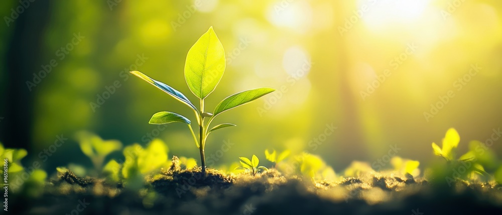 A vibrant green seedling emerges from rich soil, symbolizing growth and renewal in a lush, sunlit environment. A vibrant green seedling emerges from rich soil, symbolizing growth and renewal in a lush, sunlit environment.