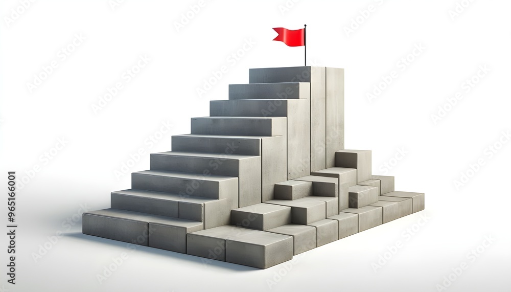 Concrete stair steps arranged progressively higher, ending with a red flag on the highest step. Isolated on a white background, concept of success. 3D Rendering Concrete stair steps arranged progressively higher, ending with a red flag on the highest step. Isolated on a white background, concept of success. 3D Rendering