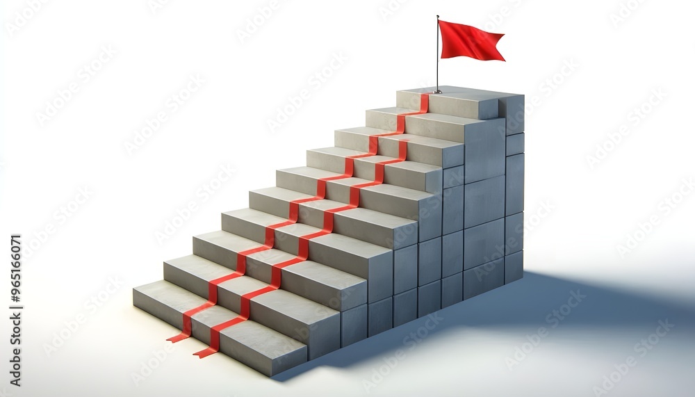 Obraz premium Concrete stair steps arranged progressively higher, ending with a red flag on the highest step. Isolated on a white background, concept of success. 3D Rendering