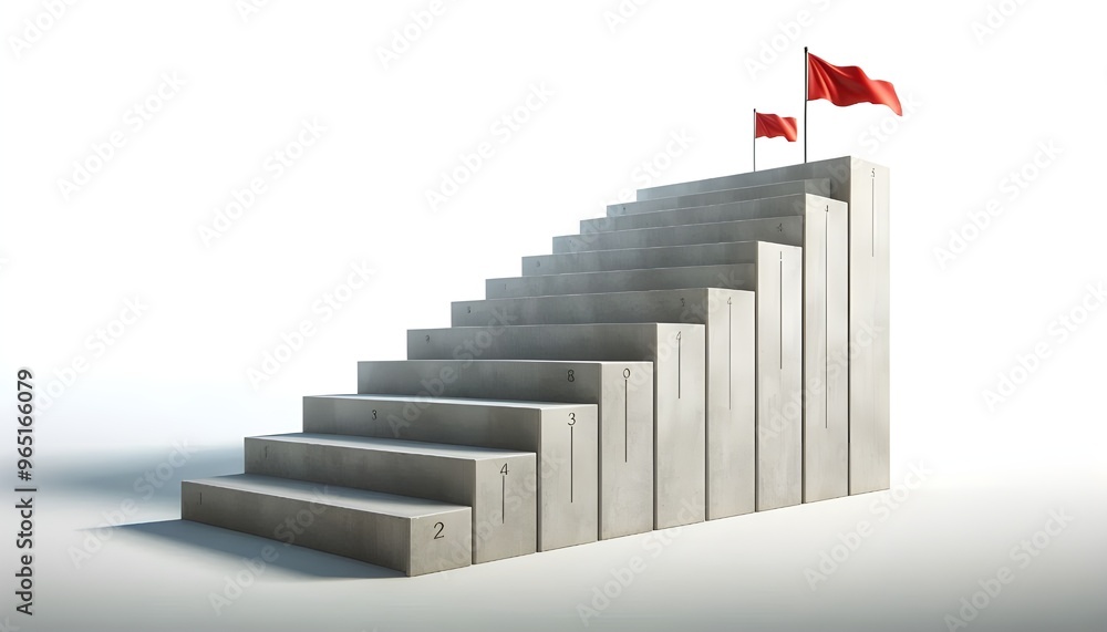 Concrete stair steps arranged progressively higher, ending with a red flag on the highest step. Isolated on a white background, concept of success. 3D Rendering Concrete stair steps arranged progressively higher, ending with a red flag on the highest step. Isolated on a white background, concept of success. 3D Rendering