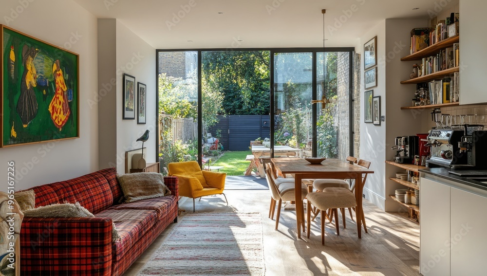 Interior of a living room with red sofa, table, chairs and yellow armchair. Created with Ai Interior of a living room with red sofa, table, chairs and yellow armchair. Created with Ai