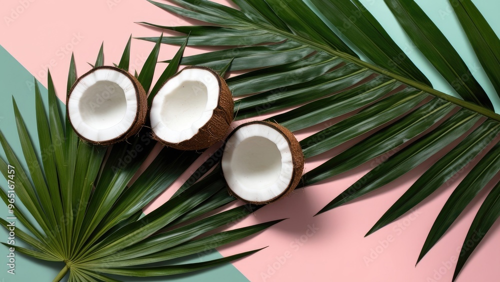 Tropical Essence: Fresh Coconuts on Palm Leaves Tropical Essence: Fresh Coconuts on Palm Leaves