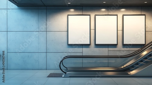 Escalator and Blank Billboard in Modern Subway Station