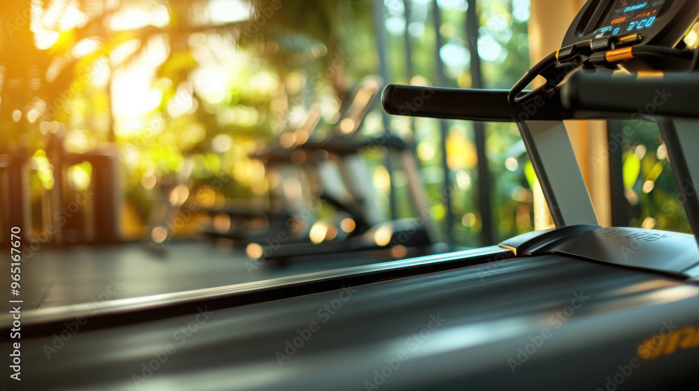 Close-up view of a treadmill in a bright gym, perfect for fitness enthusiasts and wellness projects. Close-up view of a treadmill in a bright gym, perfect for fitness enthusiasts and wellness projects.