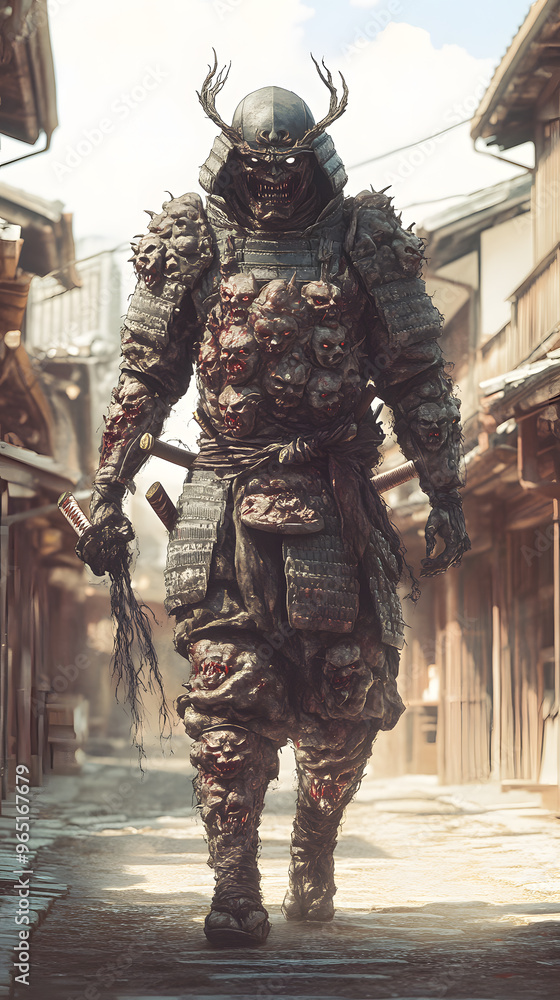 A samurai wearing menacing armor made from oni material, with a helmet, walking through an Edo period town during bright daylight A samurai wearing menacing armor made from oni material, with a helmet, walking through an Edo period town during bright daylight
