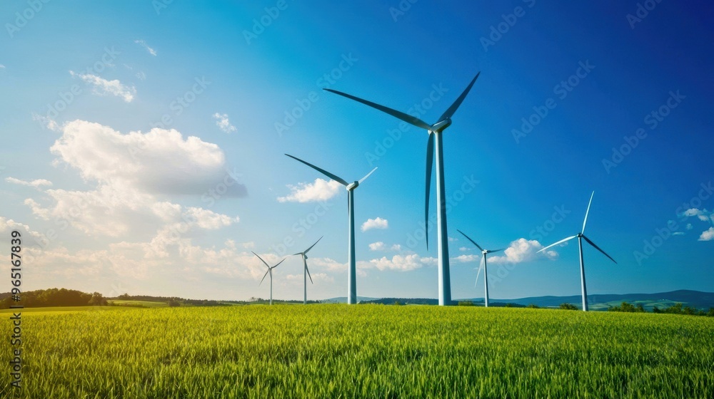Scenic view of wind turbine farm in a green field under a clear blue sky, symbolizing renewable energy and sustainable development. Scenic view of wind turbine farm in a green field under a clear blue sky, symbolizing renewable energy and sustainable development.