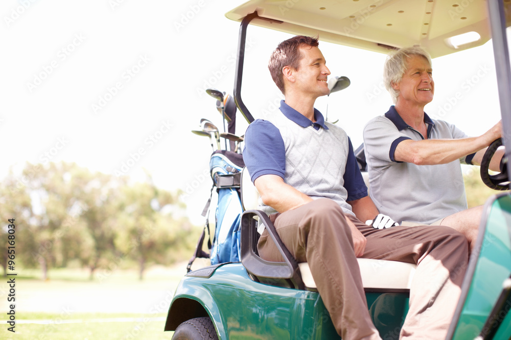 Smile, drive and men in golf cart together for game, outdoor bonding and fitness on weekend morning. Love, senior dad and son in buggy for sports transport, health and wellness with fun exercise. Smile, drive and men in golf cart together for game, outdoor bonding and fitness on weekend morning. Love, senior dad and son in buggy for sports transport, health and wellness with fun exercise.