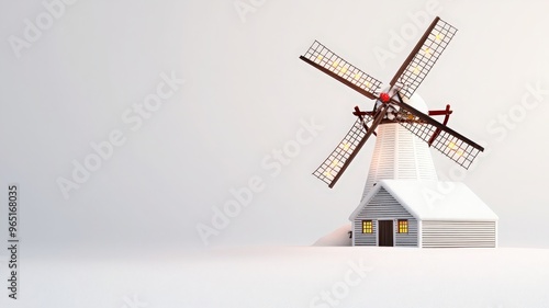 A charming miniature windmill with a cozy house, set against a minimalistic background, perfect for themed decor or seasonal use.