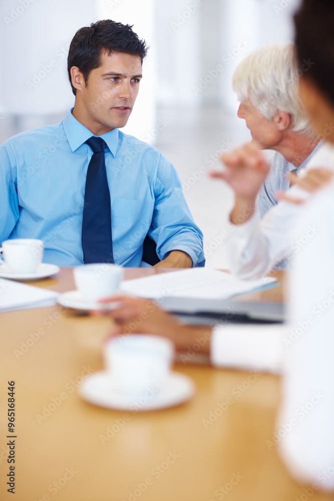 Obraz premium Business people, planning and conversation in meeting, finance and feedback for budget. Group, employees or economy analyst in office, review report or discussion for progress, investment or proposal