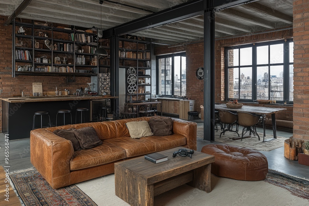 Modern loft living room with rustic decor and views. Modern loft living room with rustic decor and views.
