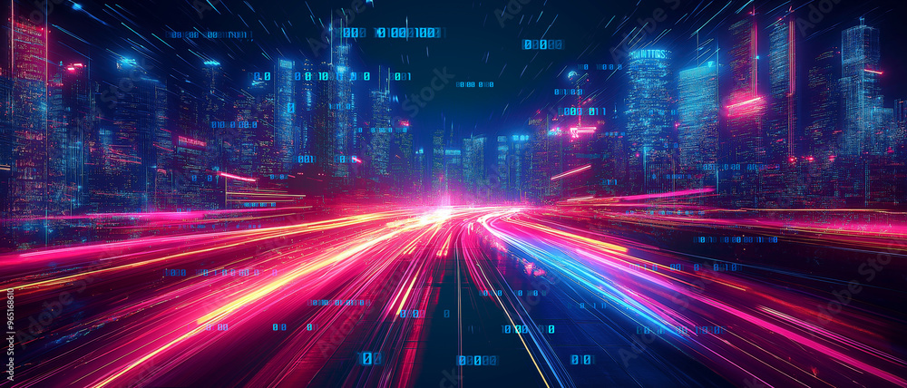 Digital Nightscape of a Futuristic City with High-Speed Data Flow Digital Nightscape of a Futuristic City with High-Speed Data Flow