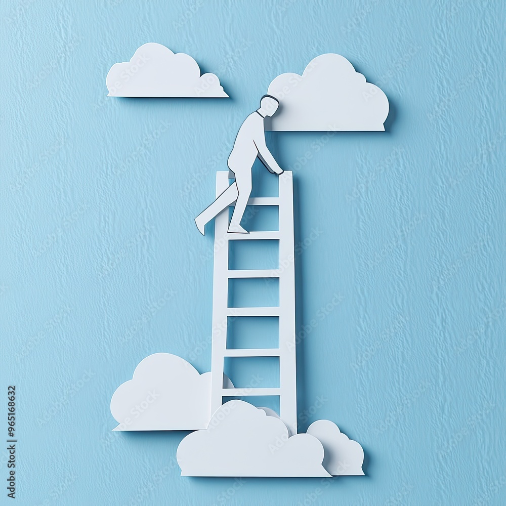 Paper Cut Style of Businessman Climbing Paper Block Ladder, Career Growth and Success Concept Paper Cut Style of Businessman Climbing Paper Block Ladder, Career Growth and Success Concept