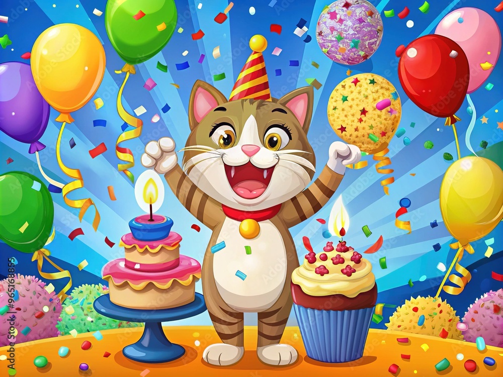 Fototapeta premium A triumphant cartoon cat cradles a trophy, amidst confetti, balloons, and a celebratory cake, in a playful scene of joyful festivities.