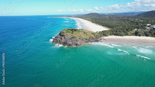 Norries Headland And Sandy Maggies Beach On Sunny Day In Summer. NSW, Australia. aerial shot photo