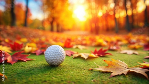 Autumn-themed mini golf ball on course with seasonal leaves in background, autumn, mini golf, ball, course, seasonal, leaves, fall photo