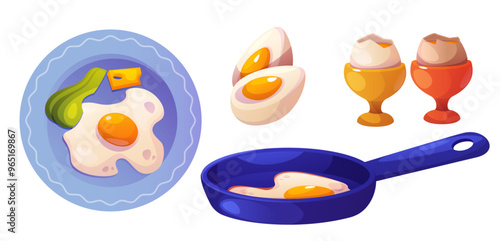 Chicken egg dishes set isolated on white background. Vector cartoon illustration of fried, boiled eggs on frying pan, plate with avocado and cheese, cut in halves with yellow yolk, healthy nutrition