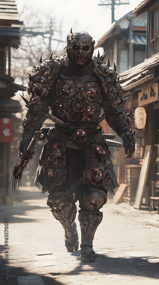A samurai wearing menacing armor made from oni material, with a helmet, walking through an Edo period town during bright daylight A samurai wearing menacing armor made from oni material, with a helmet, walking through an Edo period town during bright daylight