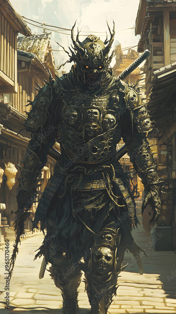 A samurai wearing menacing armor made from oni material, with a helmet, walking through an Edo period town during bright daylight A samurai wearing menacing armor made from oni material, with a helmet, walking through an Edo period town during bright daylight