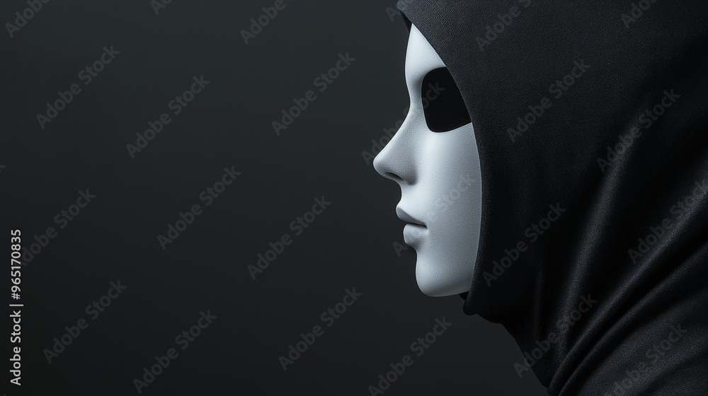 A solitary mannequin with a blank expression wearing a dark hood stands against a minimalistic backdrop, evoking feelings of mystery and intrigue in the viewer, copy space, anonymity concept A solitary mannequin with a blank expression wearing a dark hood stands against a minimalistic backdrop, evoking feelings of mystery and intrigue in the viewer, copy space, anonymity concept
