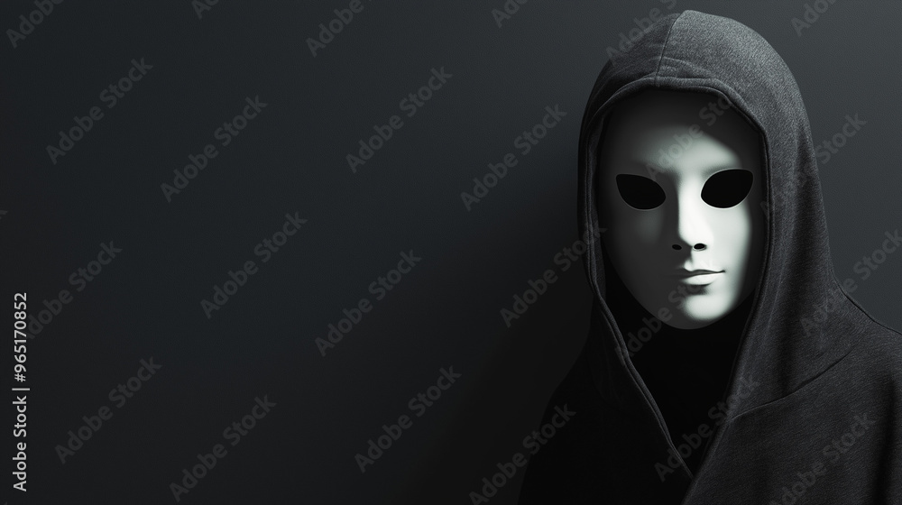 A cloaked figure with a white, expressionless mask captures attention against a dark background, creating a suspenseful and enigmatic setting, copy space, anonymity concept A cloaked figure with a white, expressionless mask captures attention against a dark background, creating a suspenseful and enigmatic setting, copy space, anonymity concept