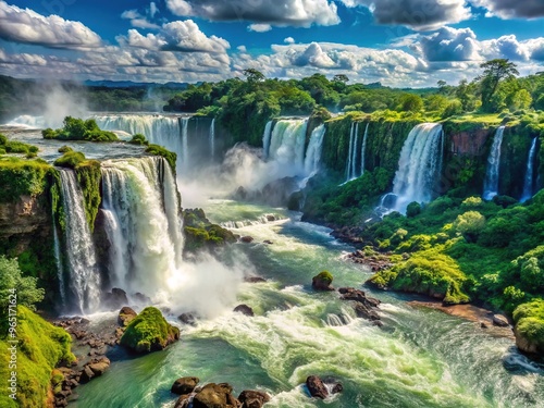 Breathtaking panoramic view of Iguazu Falls, a majestic cascade of turquoise water plunging 80 meters into lush green vegetation in a misty atmosphere.
