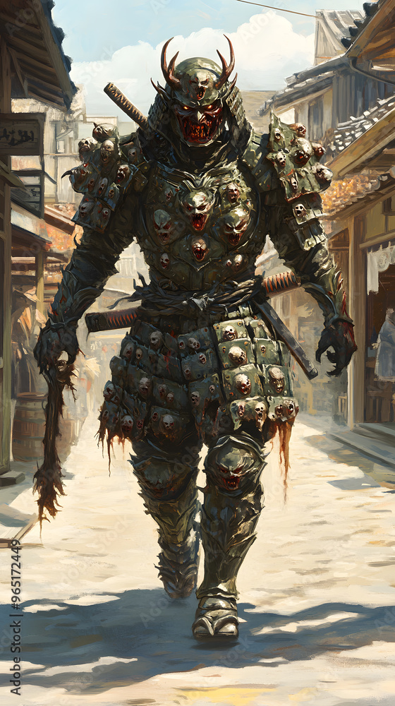A samurai wearing menacing armor made from oni material, with a helmet, walking through an Edo period town during bright daylight A samurai wearing menacing armor made from oni material, with a helmet, walking through an Edo period town during bright daylight