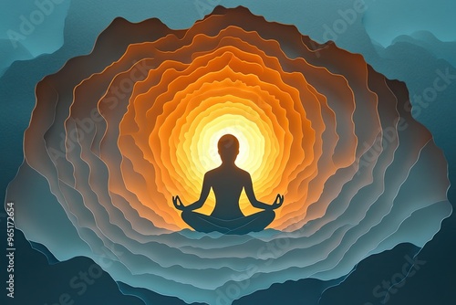 Inner Peace and Mindfulness in Paper Cut Style - Illustration of Meditating Person with Radiating Light