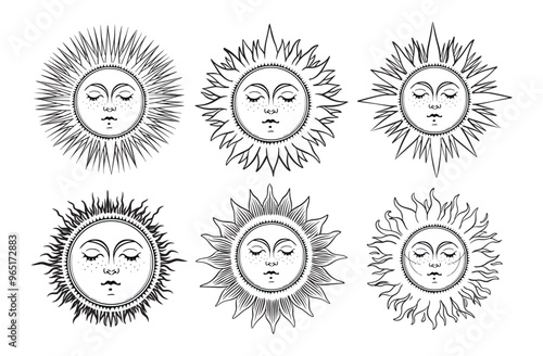 Mythical sun with face, mystical icons set, line illustration, zodiac sign, magic tarot tattoo. Vector.