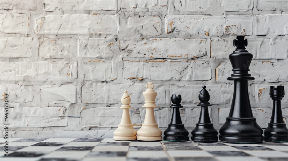 Strategic Chess Game Setup Against Rustic Brick Wall Background - Photograph of Chess Pieces on Wooden Chessboard Strategic Chess Game Setup Against Rustic Brick Wall Background - Photograph of Chess Pieces on Wooden Chessboard