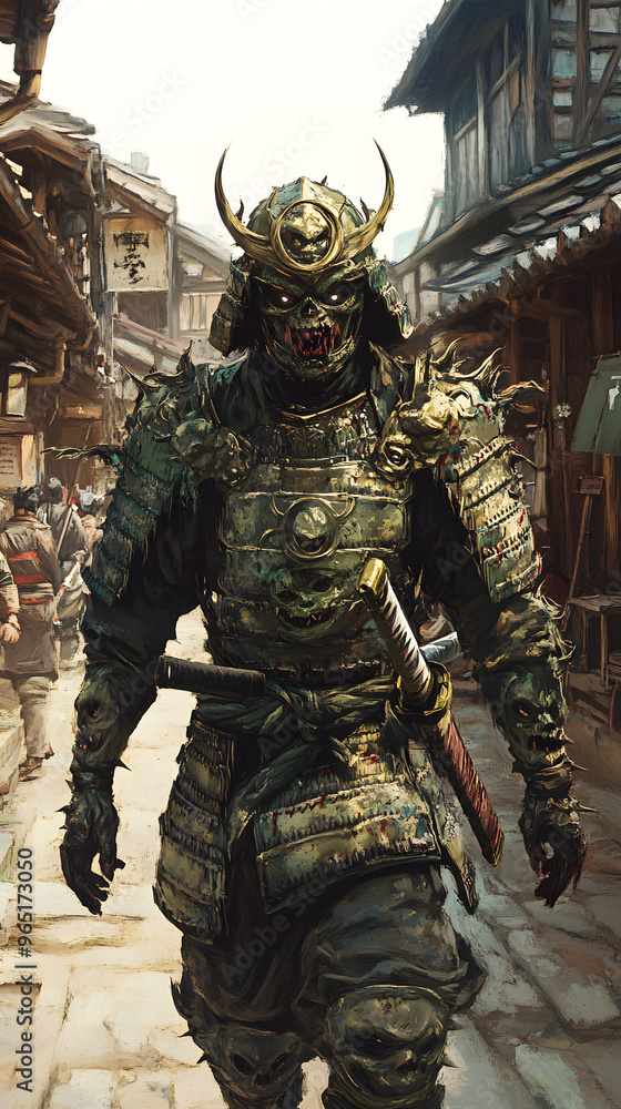 Obraz premium A samurai wearing menacing armor made from oni material, with a helmet, walking through an Edo period town during bright daylight