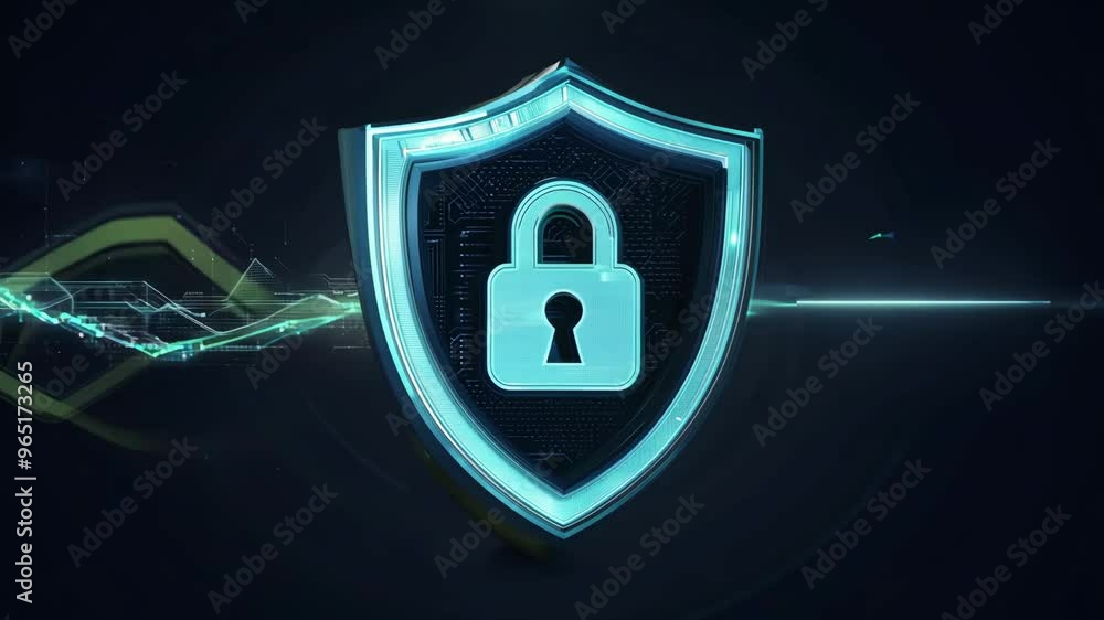 Futuristic illustration of a glowing shield with a padlock icon, set against a dark background with digital elements, symbolizing cybersecurity, protection, and data security Futuristic illustration of a glowing shield with a padlock icon, set against a dark background with digital elements, symbolizing cybersecurity, protection, and data security
