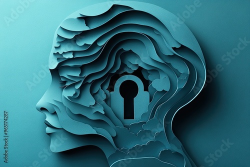 Unlocking Mental Health Solutions - Paper Cut Style Head with Lock and Key Turning Concept