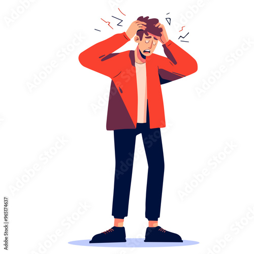 Illustration of a stressed man clutching his head, depicting information overload, anxiety, and the pressures of modern life