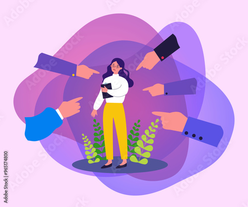 Victim of social bullying. Index fingers pointing at sad depressed woman feeling shame, guilty. Vector illustration for society conviction, denunciation, blame, accusing concept