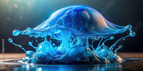 Colorful, translucent, and gelatinous, a delicate blob of bright blue goo suspended in mid-air, shimmering with subtle highlights and mesmerizing fluid dynamics. photo