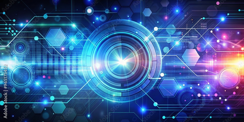 Cybernetic Network with Glowing Hexagons and Circular Elements, Technology, Digital, Abstract Cybernetic Network with Glowing Hexagons and Circular Elements, Technology, Digital, Abstract