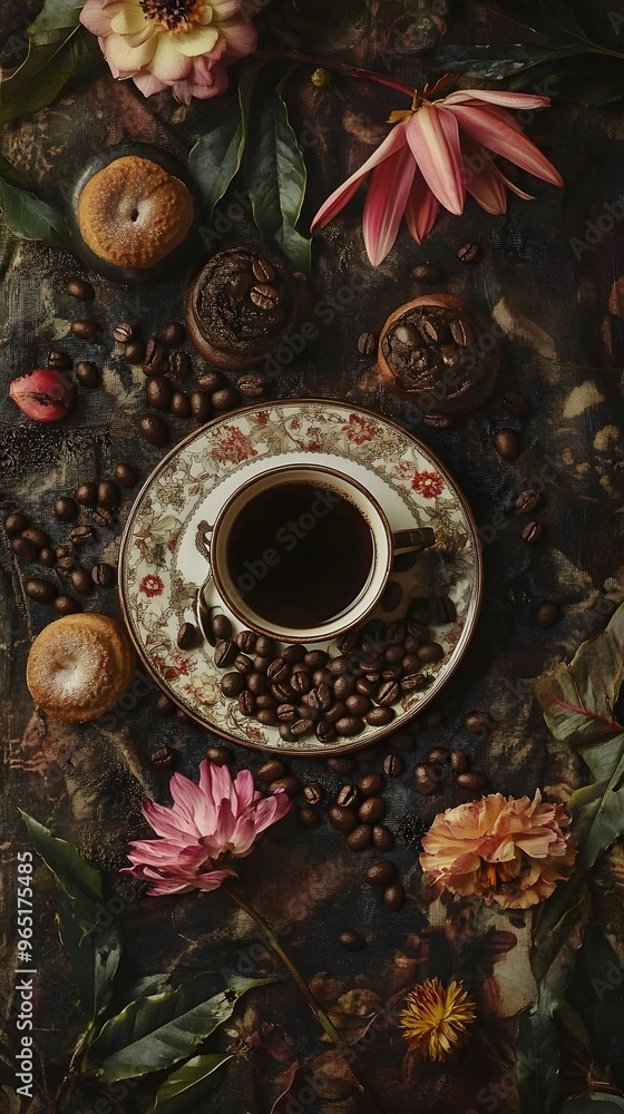 Coffee Cup, Pastry, Flowers, and Coffee Beans on a Dark Background Coffee Cup, Pastry, Flowers, and Coffee Beans on a Dark Background