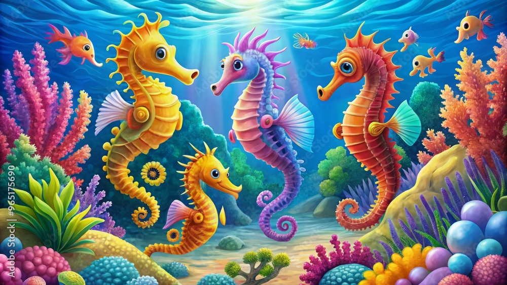 In a world of wonder, seahorses dance amidst rainbow-hued coral reefs, their iridescent scales shimmering in harmony In a world of wonder, seahorses dance amidst rainbow-hued coral reefs, their iridescent scales shimmering in harmony