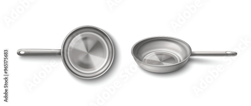 Grey clear new steel frying pan top and side view. Realistic 3d vector illustration set of empty kitchen cooking stainless utensil mockup. Metal cookware with handle. Aluminum skillet layout.