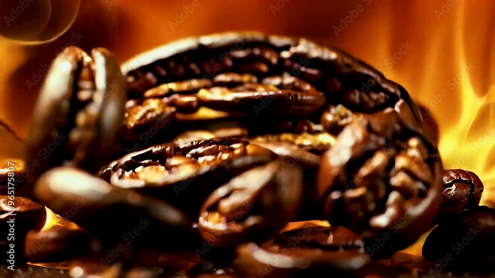A coffee bean surrounded by flames creates dramatic and intense scene ...