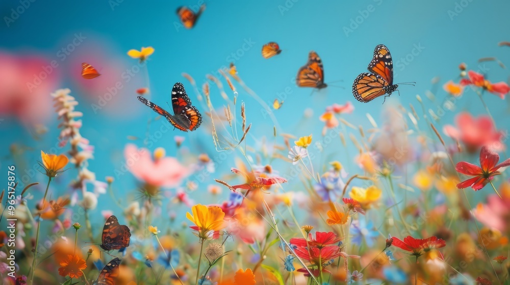 Colorful butterflies fluttering over a vibrant field of blooming wildflowers on a sunny day - bright and cheerful nature wallpaper for spring or summer themes Colorful butterflies fluttering over a vibrant field of blooming wildflowers on a sunny day - bright and cheerful nature wallpaper for spring or summer themes