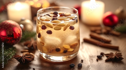 A beautifully garnished glass of glögg, with floating almonds and raisins, placed on a festive table surrounded by Christmas decorations and spices. Candlelight flickers softly in the background,