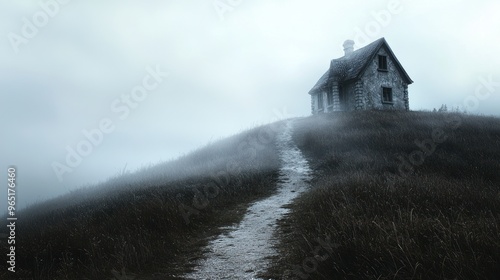 Ghostly house on a hill with a foggy path leading to an empty text area. photo