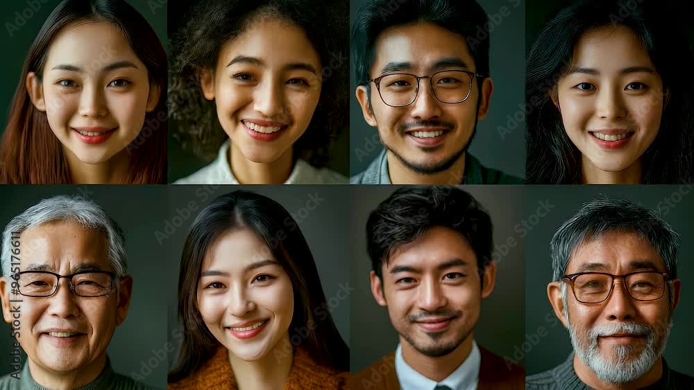 A diverse asian group of smiling individuals showcasing various ages and ethnicities, conveying warmth and positivity. Their expressions reflect joy and friendliness. A diverse asian group of smiling individuals showcasing various ages and ethnicities, conveying warmth and positivity. Their expressions reflect joy and friendliness.