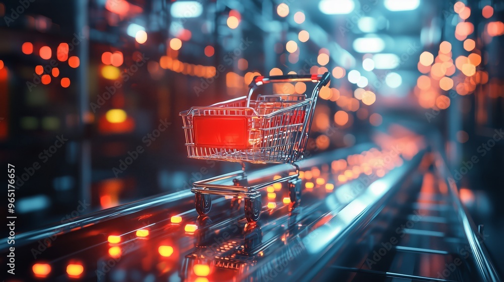 A futuristic shopping cart glowing with red lights in a high-tech retail environment, symbolizing innovation in the shopping experience. A futuristic shopping cart glowing with red lights in a high-tech retail environment, symbolizing innovation in the shopping experience.