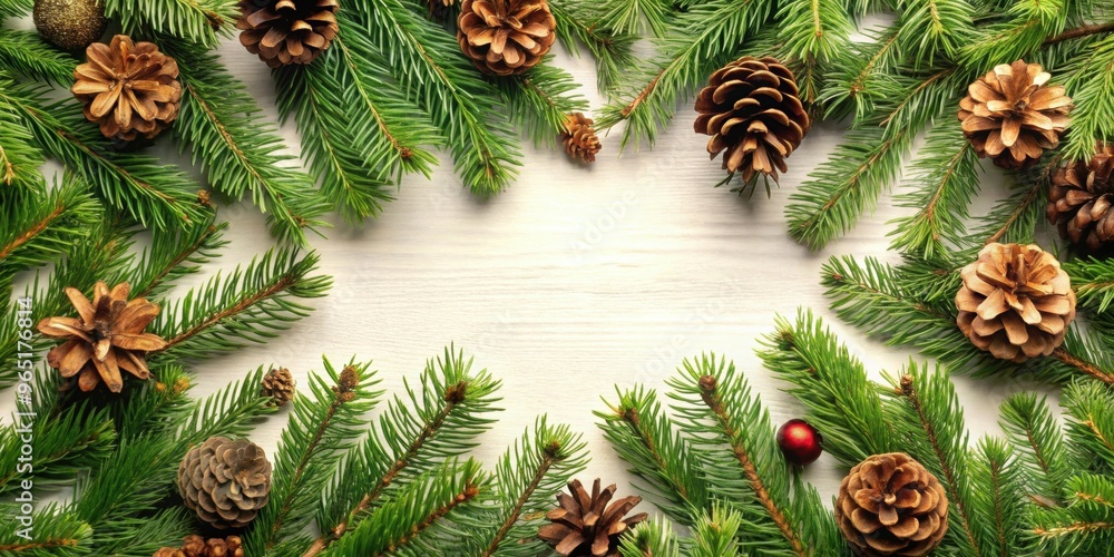 Naklejka premium Pine branches with cones creating a festive background, pine, branches, cones, holiday, Christmas, decoration, green